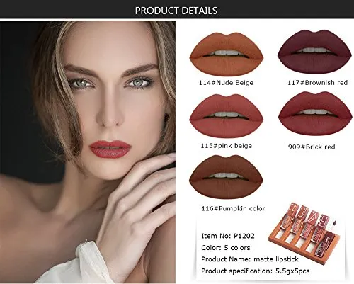 5 Colors Matte Lipstick Set, Long Lasting Velvet Lips Tint Liquid Lipstick Waterproof Lipstick Makeup 5pcs/kit