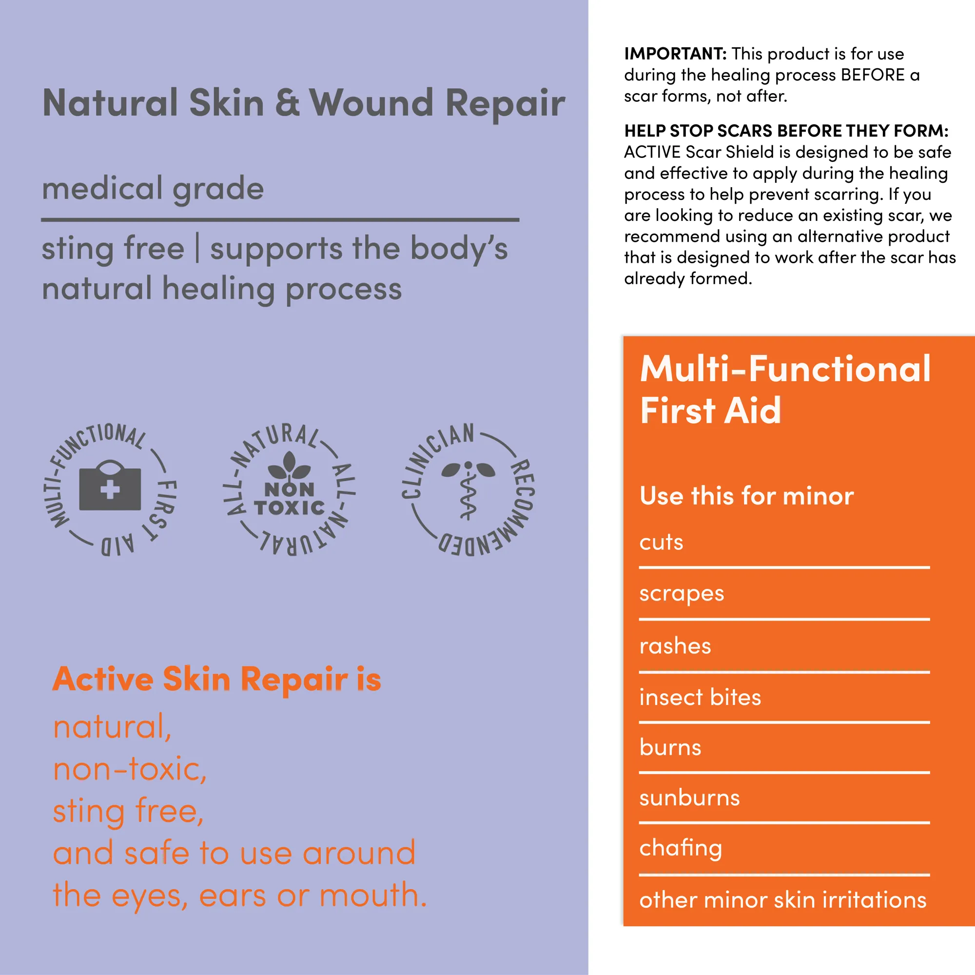 Active Skin Repair First Aid Scar Shield Hydrogel - Scar Treatment for Cuts, Scrapes, Burns and Other Wounds to Stop Scars BEFORE They Form - Natural and Non-Toxic Scar Prevention Gel (3 oz Gel)