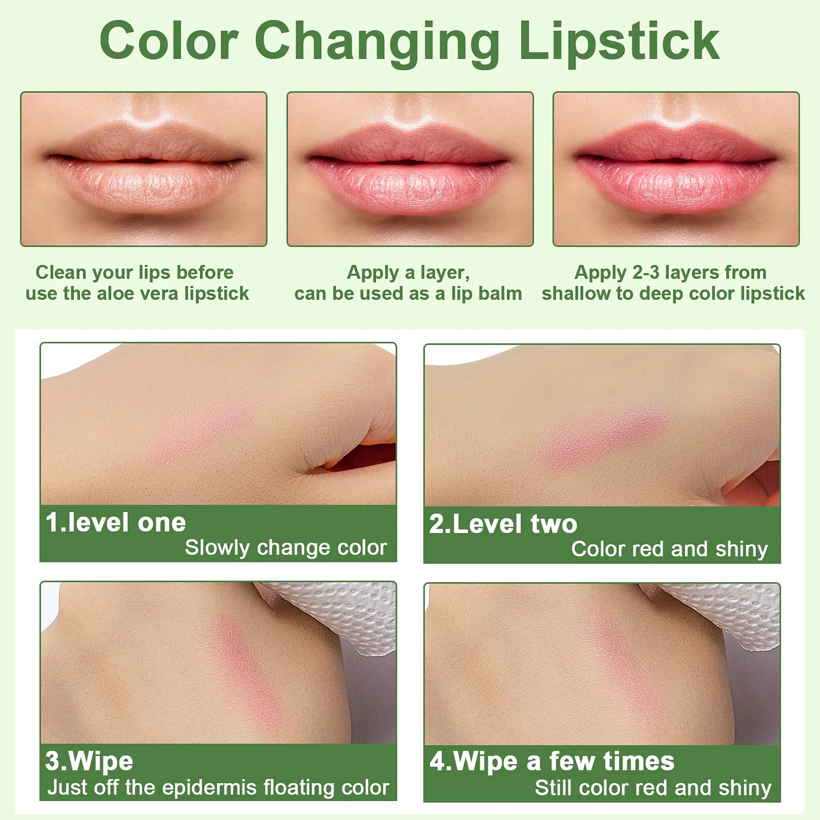 Aloe Vera Lipstick,3 Pack Moisture Lip Balm Aloe Lip Gloss,Long Lasting Nutritious Lip Balm Lips Moisturizer Magic Temperature Color Change Lip loss,Green 3 Pack