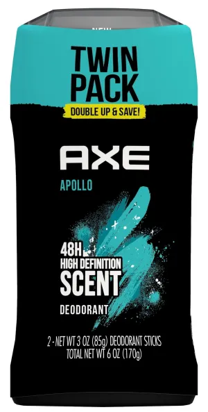 Axe Apollo Long Lasting Men's Antiperspirant Deodorant Stick Twin Pack, Sage and Cedarwood, 3 oz