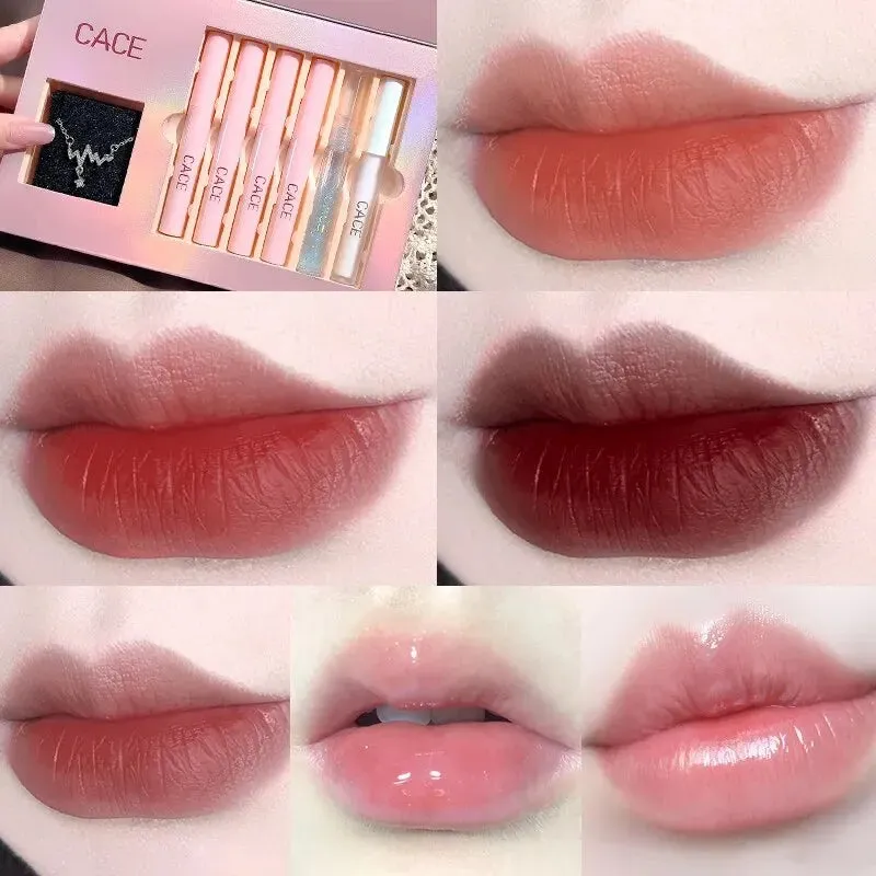 CACE Matte Liquid Lipstick Makeup Sets 4 Colours Lipgloss And 1pc Transparent Lipgloss And 1pc Lip Balm Plumper And Necklace Gift
