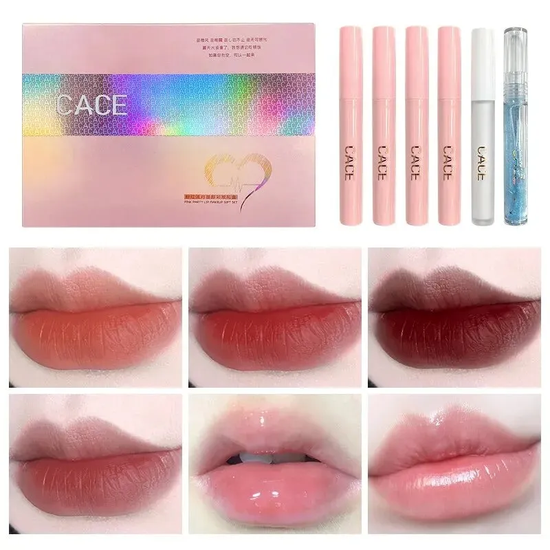 CACE Matte Liquid Lipstick Makeup Sets 4 Colours Lipgloss And 1pc Transparent Lipgloss And 1pc Lip Balm Plumper And Necklace Gift