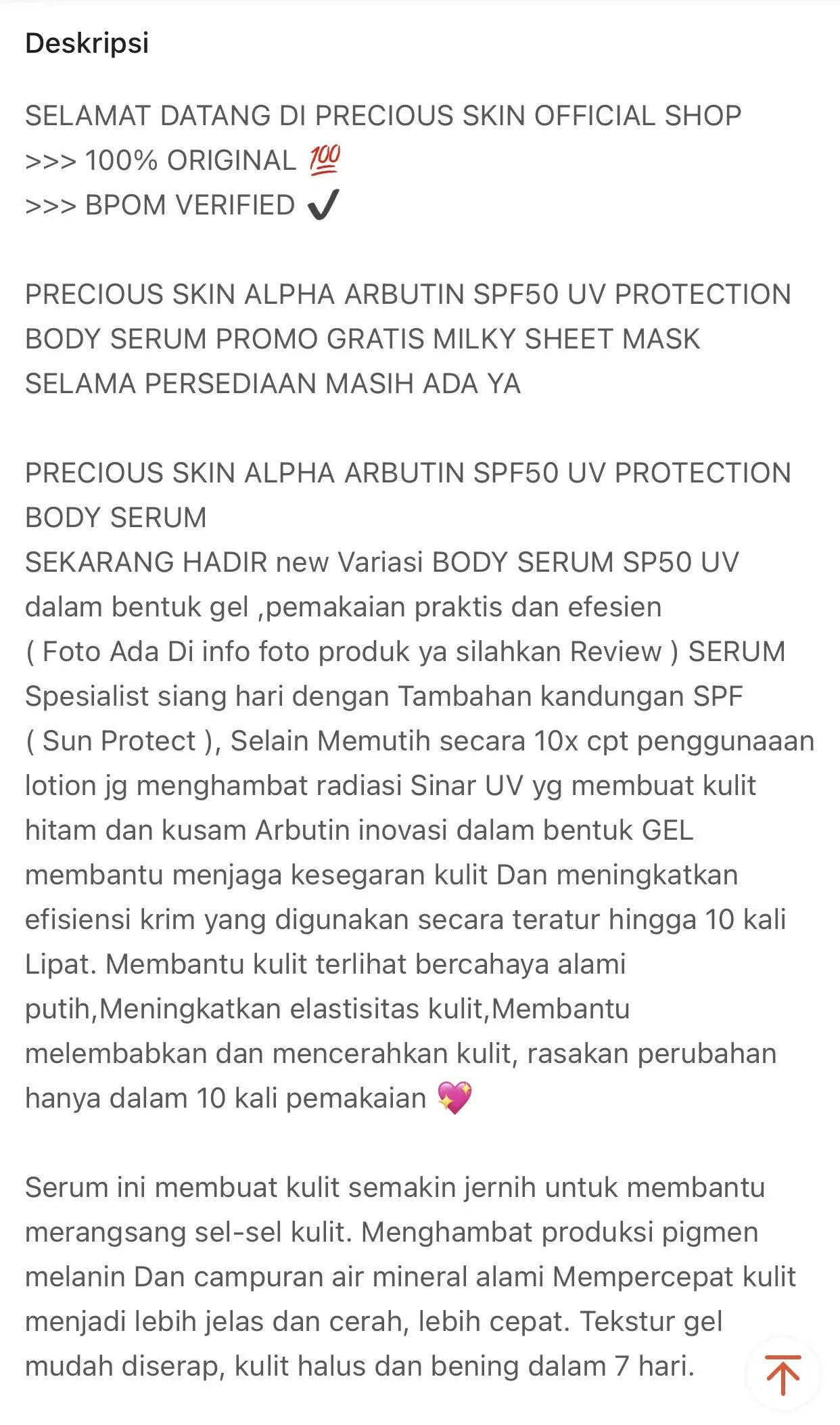 Precious Skin Thailand Alpha Arbutin SPF50 UV Protection Collagen Body Serum / Serum Badan 500ml