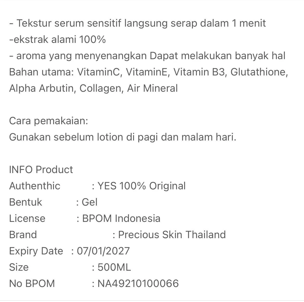 Precious Skin Thailand Alpha Arbutin SPF50 UV Protection Collagen Body Serum / Serum Badan 500ml